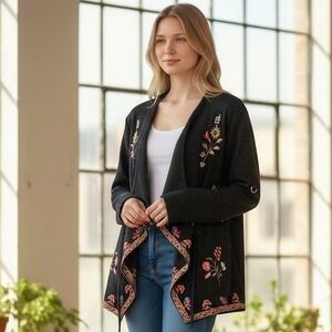 Tolani Collection Black Floral Embroidered Open Front Cardigan Kimono 2X